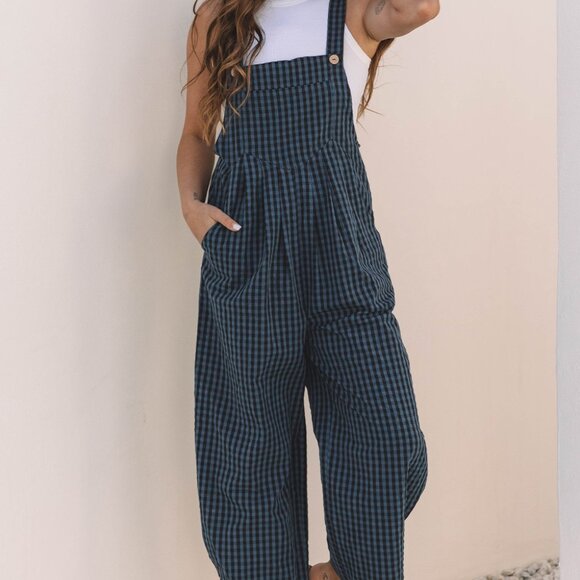 B243 Sail Blue Plaid Print Buttoned Pocketed High Waist Overall - Picture 6 of 16